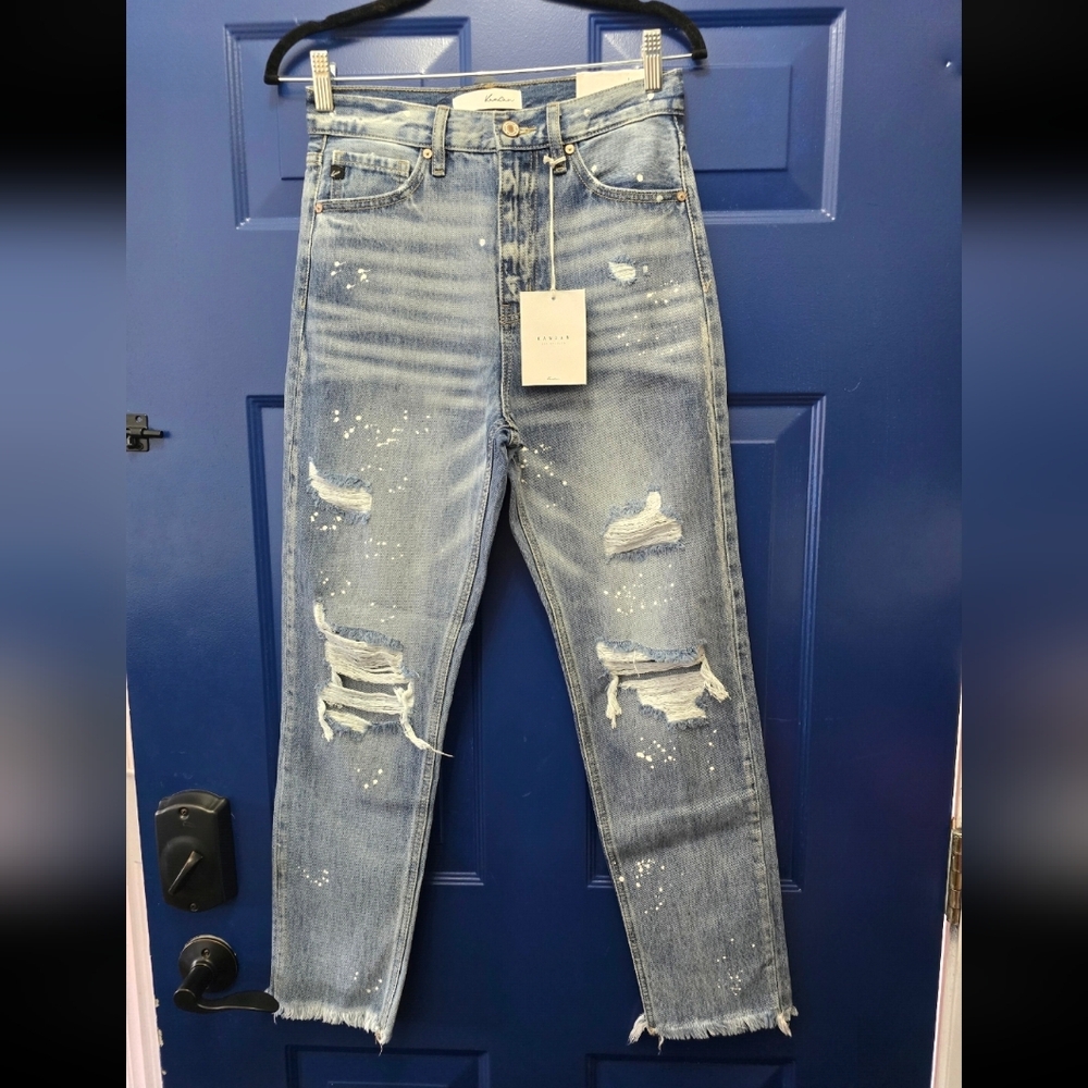 NWT KanCan Jeans Women's 1/24 Distressed w/Paint Splatter Straight Fit Grunge